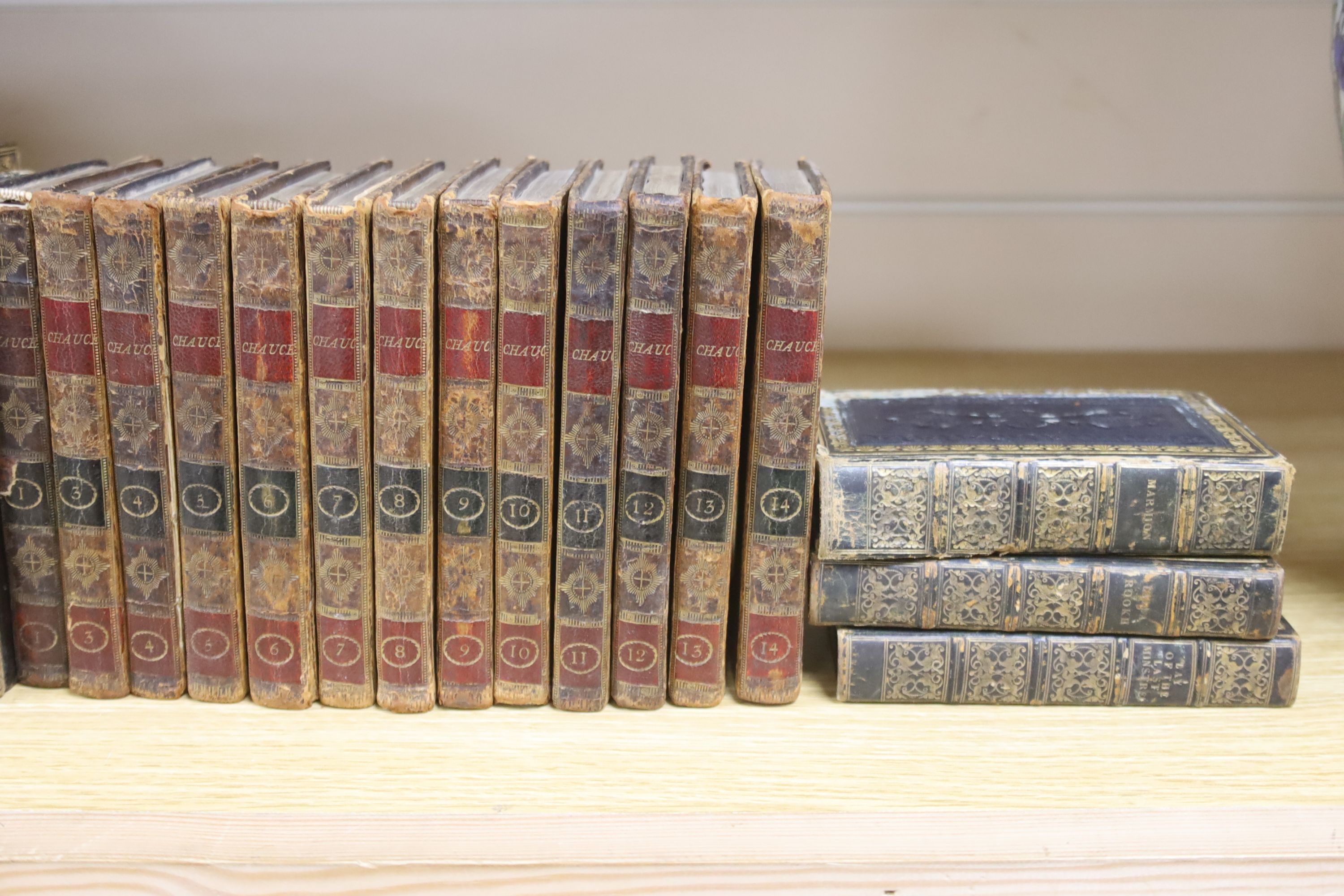 A collection of leather bound books including: 7 volumes Historic Gallery, 13 volumes Chaucer, 4 volumes Don Quixote and 6 mixed volume